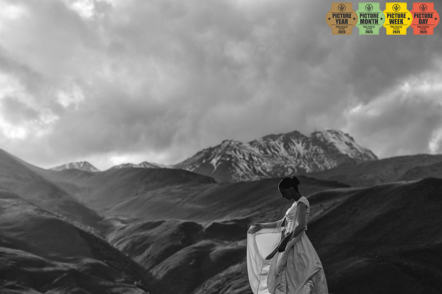 შავ-თეთრი ფოტოსესია - პატარძლის პორტრეტი დათოვლილი მთების ფონზე